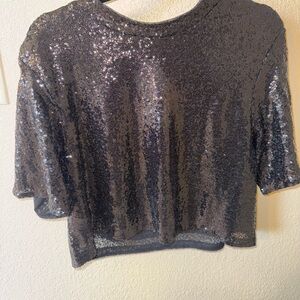 H&M Black Sequin Cropped Short Sleeve Top